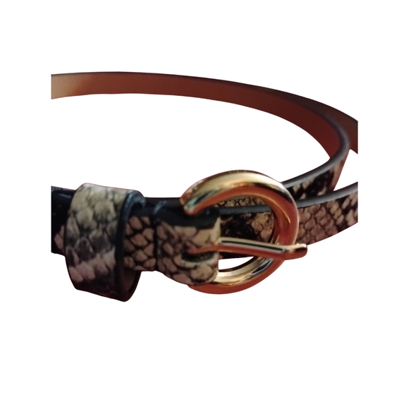 Snake Print Leather Belt with Gold Buckle - Picture 2 of 6